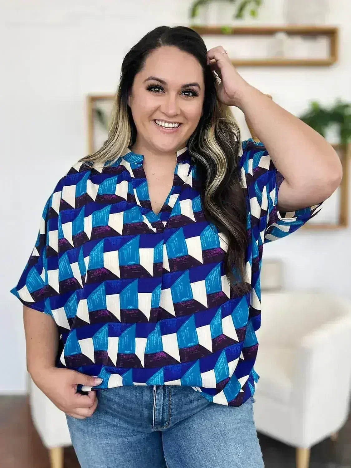 Geometric Notched Sleeve Blouse - Versatile Top | Femstylo