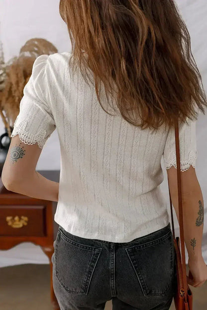 White Scalloped Lace Trim Jacquard Textured T Shirt