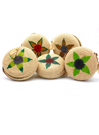Carmel Crochet Round Flower Straw Crossbody Bag with Tassel