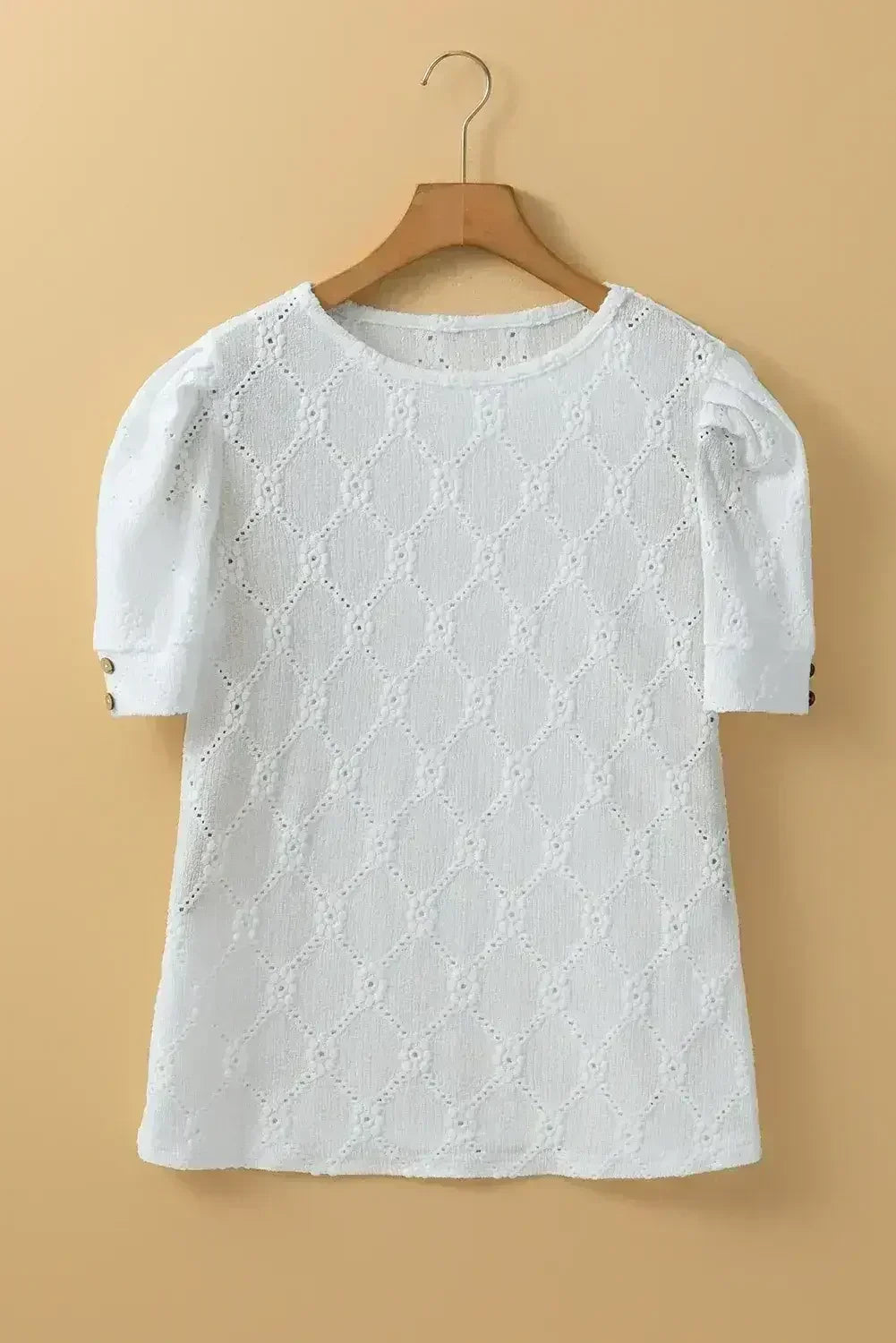 White Embroidered Floral Geometric Button Short Sleeve Top | Femstylo