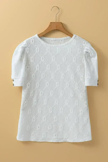 White Embroidered Floral Geometric Button Short Sleeve Top | Femstylo