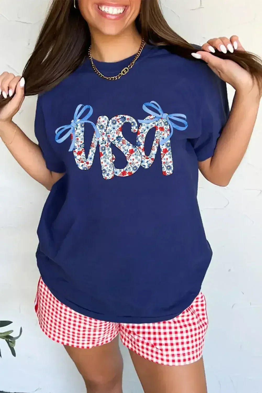 Blue Bow Floral usa Letter Print Independence Day Graphic T Shirt