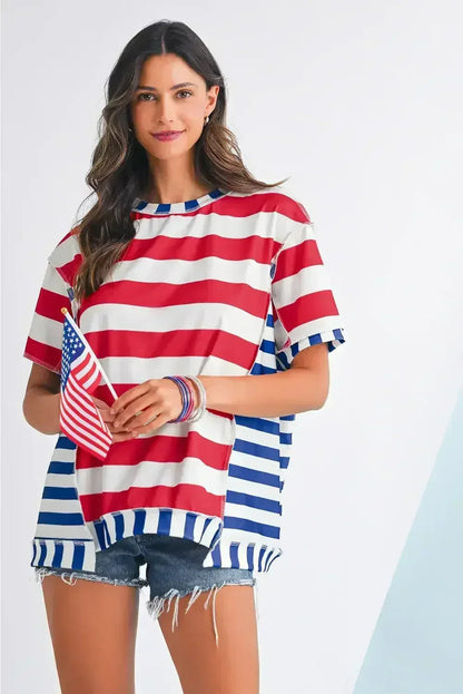 Red Stripe Loose Casual Color Block T Shirt