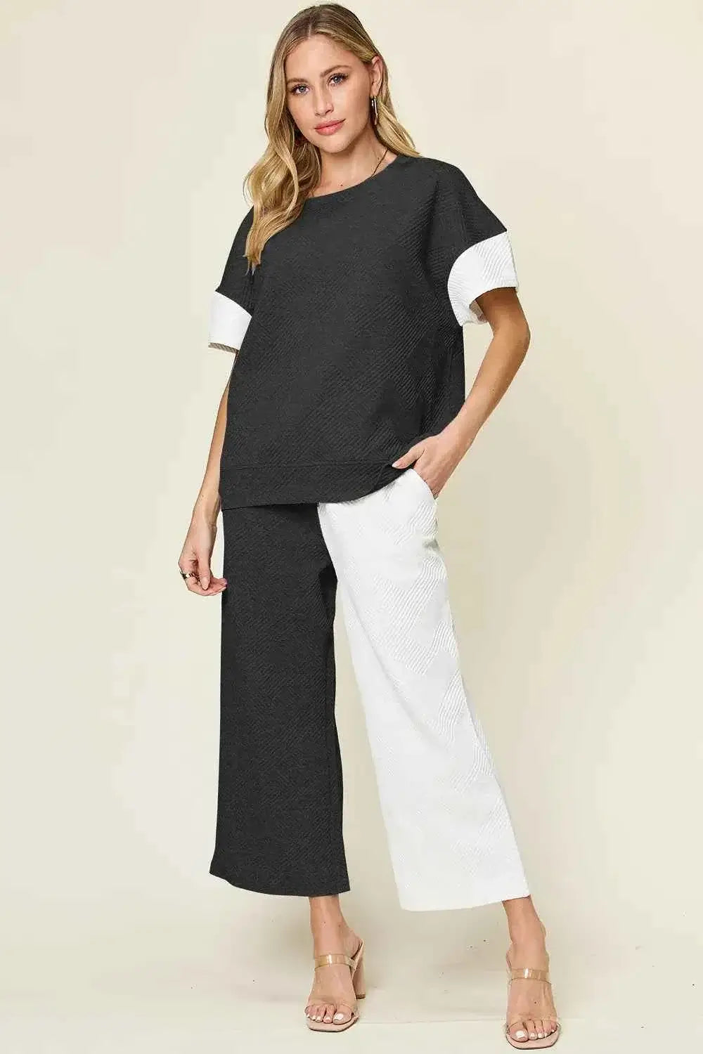 Plus Size Contrast T-Shirt and Wide Leg Pants Set