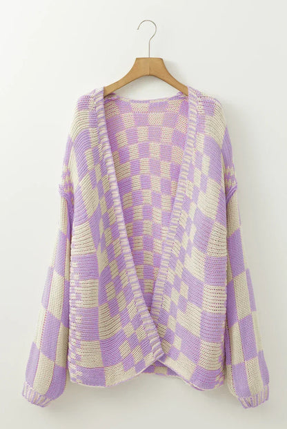 Taupe Colorblock Checked Open Front Knitted Cardigan