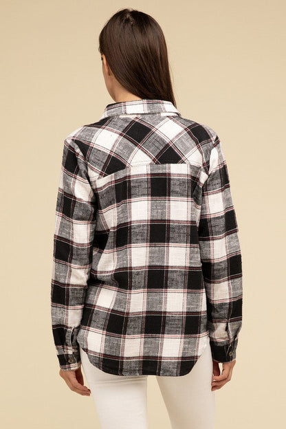 ZENANA Cotton Plaid Shacket With Front Pocket