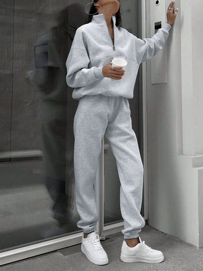 Long-sleeved Sports Sweatsuit Stand-up Collar Zip-up Top And Elastic Band Trousers With Pocket