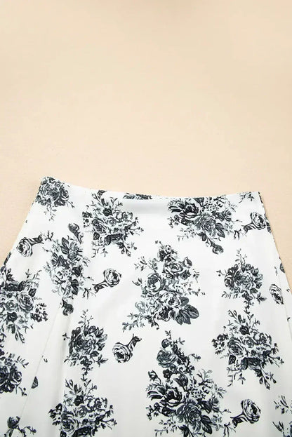 Sky Blue Boho Floral High Waist Ruffle Split Maxi Skirt