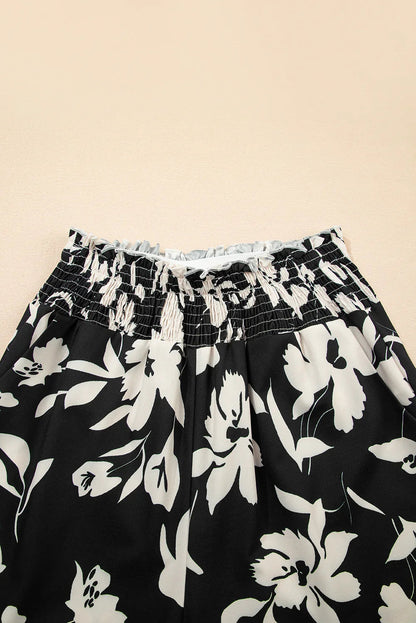 Blue Floral Smocked Frill Waist Wide Leg Pants