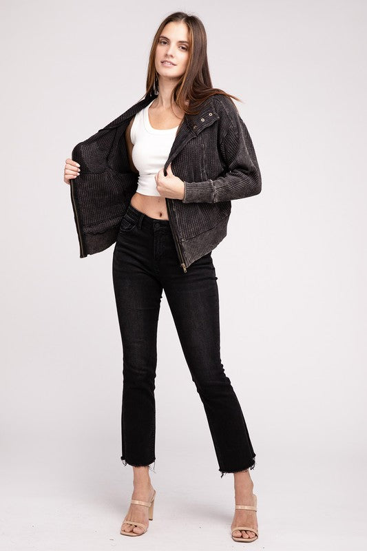 ZENANA Acid Wash Cotton Waffle Hooded Zip-Up Jacket