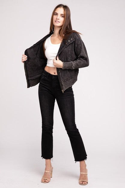 ZENANA Acid Wash Cotton Waffle Hooded Zip-Up Jacket