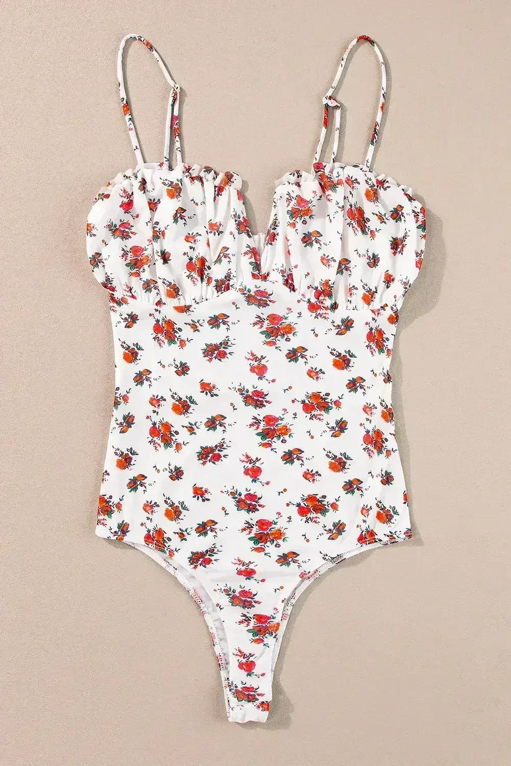 White Floral V-Cut Mesh Bodysuit with Frill Trim - Femstylo