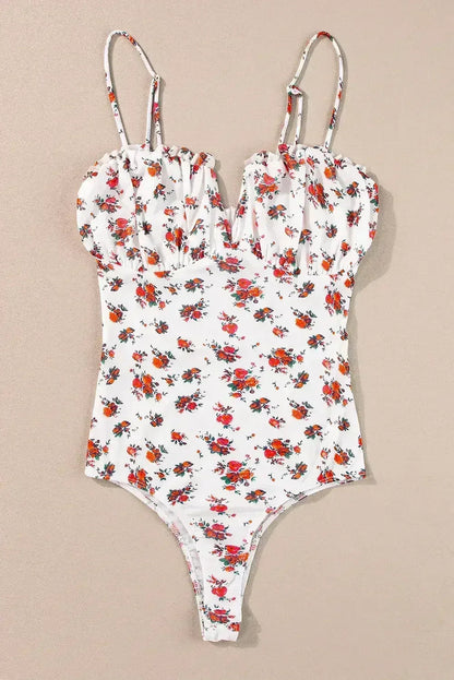 White Floral V-Cut Mesh Bodysuit with Frill Trim - Femstylo