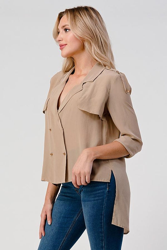 Double-Breasted Button-Up Blouse with Rolled Sleeves | Apparel | Kitchen + Metal