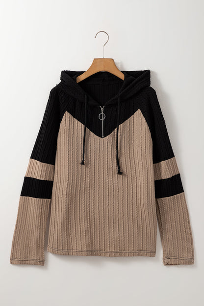 Parchment Textured Patchwork Long Sleeve Hooded Women's Top