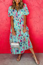 Sky Blue Abstract Print Short Puff Sleeve Tiered Maxi Dress