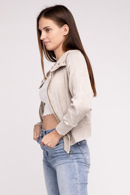 ZENANA Acid Wash Cotton Waffle Hooded Zip-Up Jacket