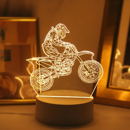 Motorcycle rider LED lamp on a table.