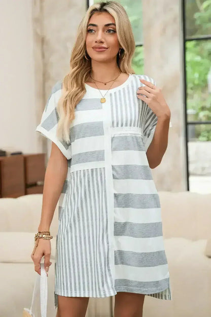 Gray Stripe Mixed Printed Short Sleeve Shift Mini T Shirt Dress