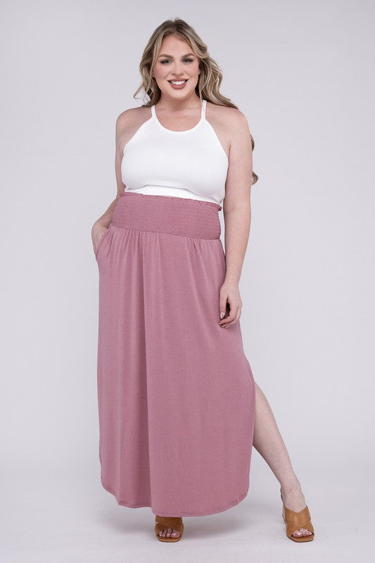 ZENANA Plus Smocked Waist Side Slit Maxi Skirt w/ Pockets