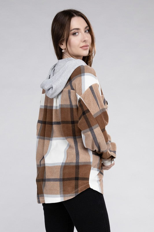 ZENANA Plaid Drawstring Hooded Fleece Shacket