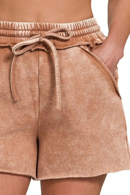 Zenana Acid Wash Fleece Drawstring Shorts With Pockets