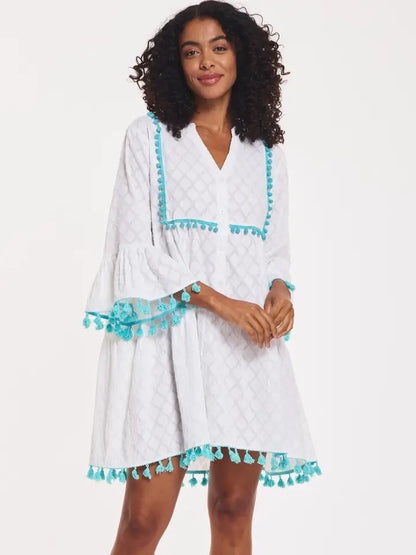 Marilda Aqua Cotton Jacquard Dress – White with Tassels
