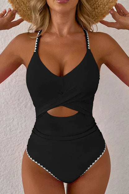 Rose Red Ric Rac Trim Colorblock Cutout One Piece Swimsuit