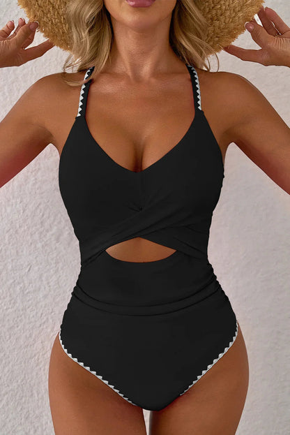 Rose Red Ric Rac Trim Colorblock Cutout One Piece Swimsuit