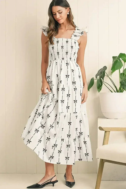 Black Bow Print Smocked Ruffle High Waist Maxi Dress