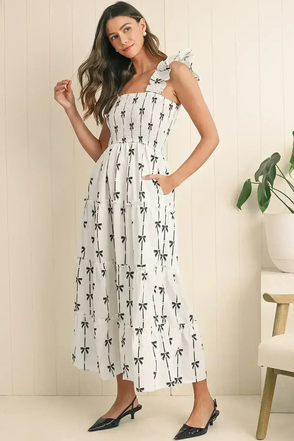 Black Bow Print Smocked Ruffle High Waist Maxi Dress