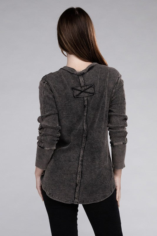 ZENANA Washed Baby Waffle Long Sleeve Top