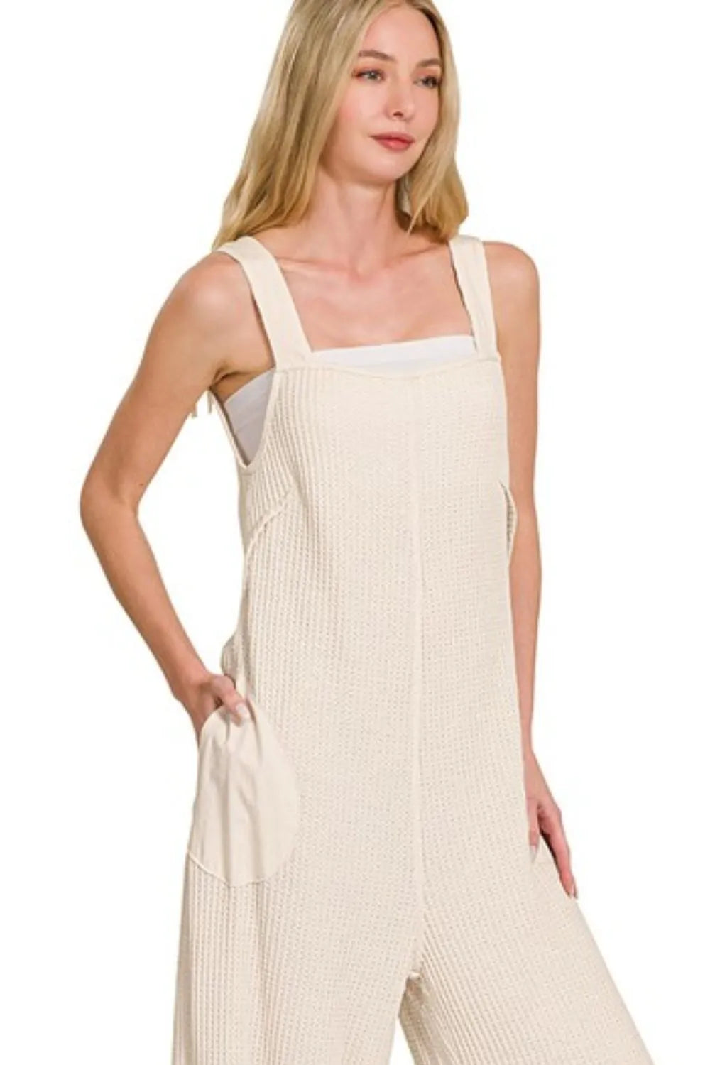 Zenana Knit Waffle Wide Leg Overalls in Beige