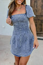 Blue Frill Square Neck Puff Sleeve Backless Denim Dress