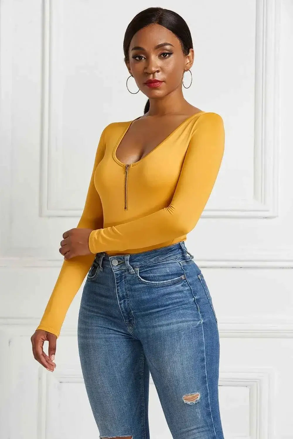 Half Zip Scoop Neck Long Sleeve Bodysuit
