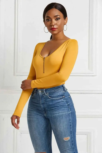 Half Zip Scoop Neck Long Sleeve Bodysuit