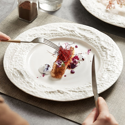 Elegant European Ceramic Dinner Plate with Relief Pattern