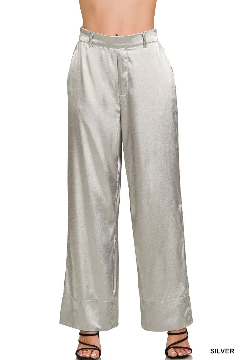 Zenana Wide-Leg Satin Pants in Silver