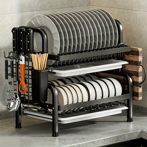 Black Metal Double Tier Dish Rack with Drain Tray and Drip Pan | Kitchen + Metal