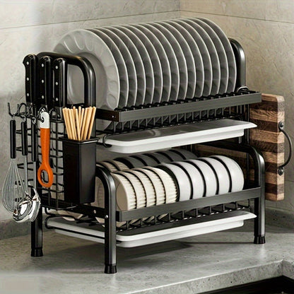 Black Metal Double Tier Dish Rack with Drain Tray and Drip Pan | Kitchen + Metal