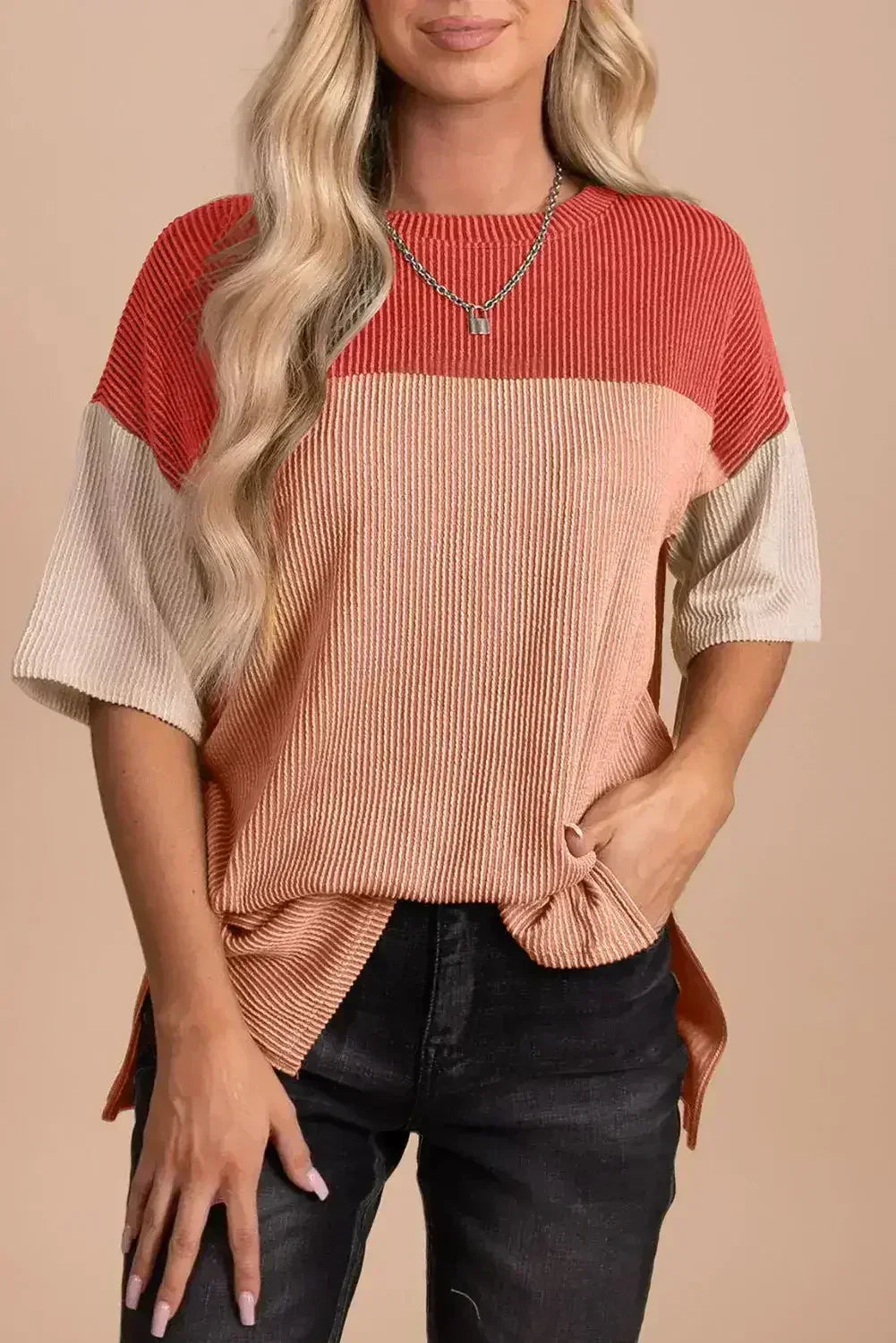 Black Color Block Ribbed Side Slits Half Sleeve Top