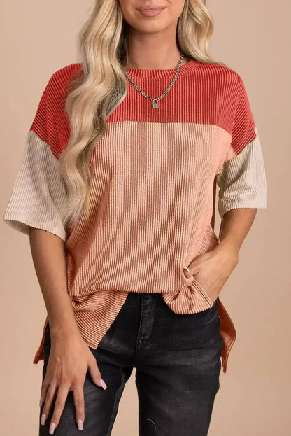 Black Color Block Ribbed Side Slits Half Sleeve Top