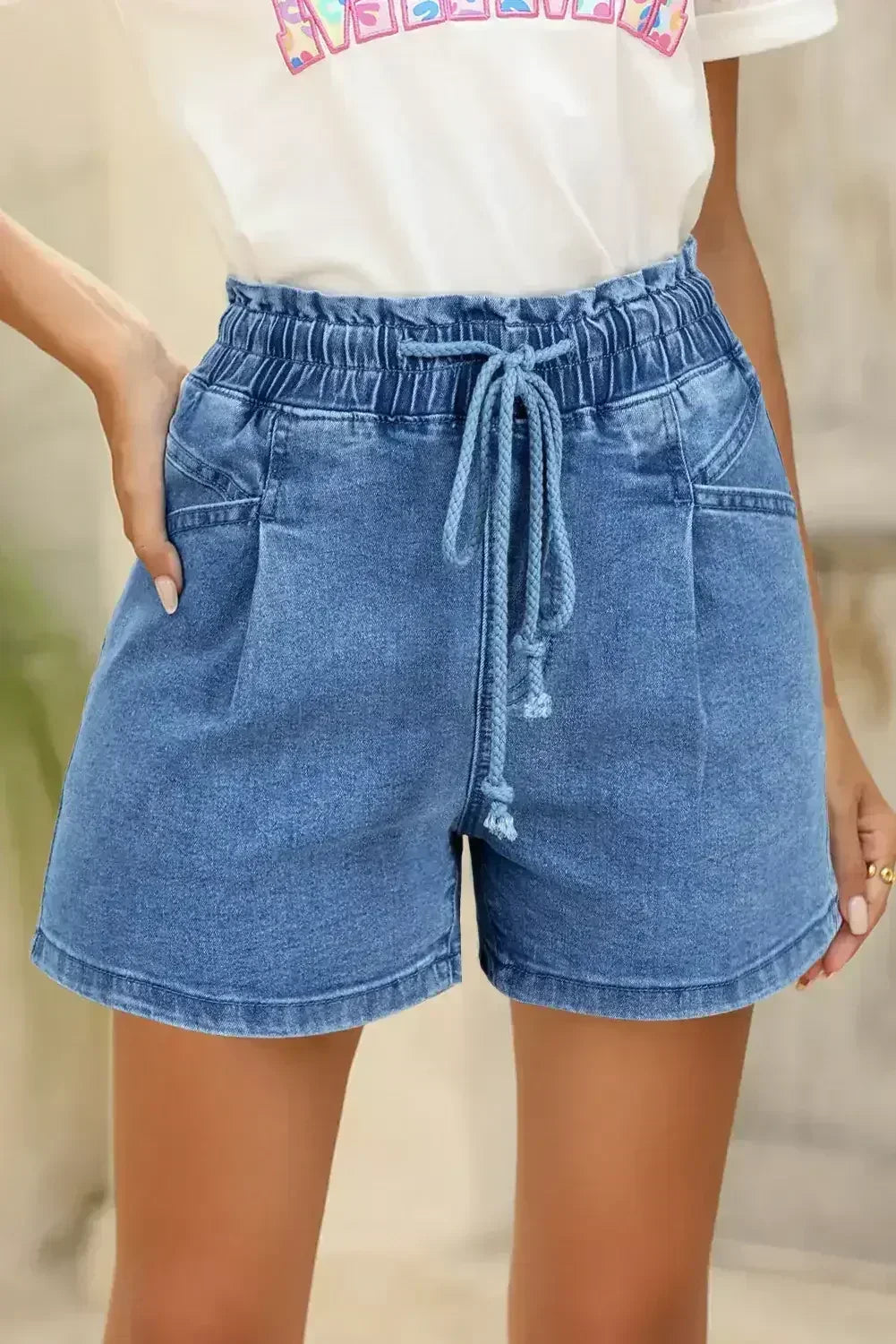 Grey Drawstring High Waist Casual Denim Shorts