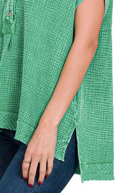 Zenana Washed Double Gauze 3/4 Button Henley Neck Shirt