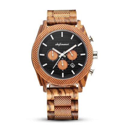 Men's Wood Chronograph Watch - Six Hand Calendar Sports Casual Timepiece