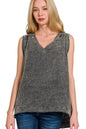 Zenana Double Gauze Raw Edge Acid Washed Tank in Black