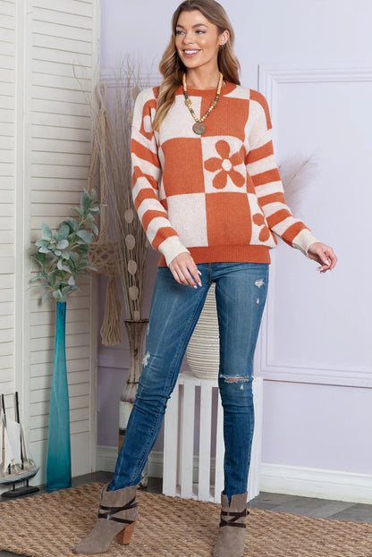Brown 60s Floral Checkered and Striped Knitted Pullover Sweater