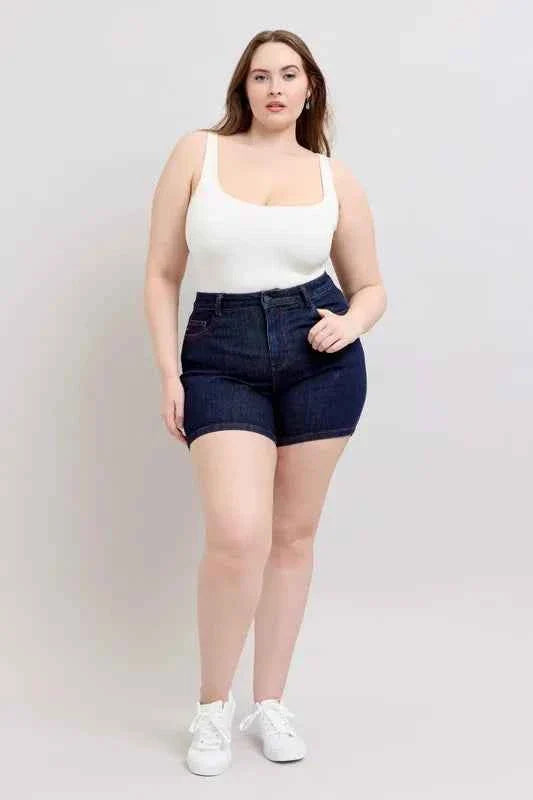 Judy Blue Plus Size High Waist Denim Shorts with Heart Shaped Pockets & Red Contrast Thread