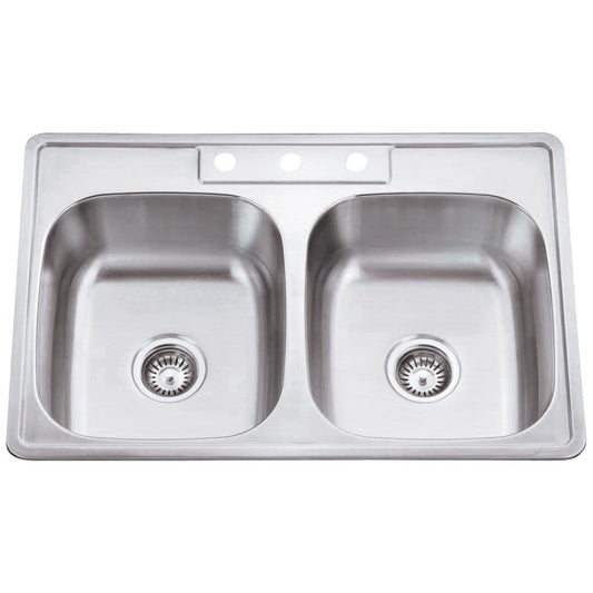 33" L x 22" W x 9" D Drop-In 20 Gauge Stainless Steel 50/50 Double Bowl Sink