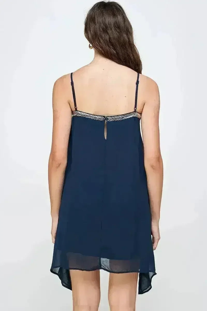 Flowy Sleeveless Mini Dress with Metallic Accents